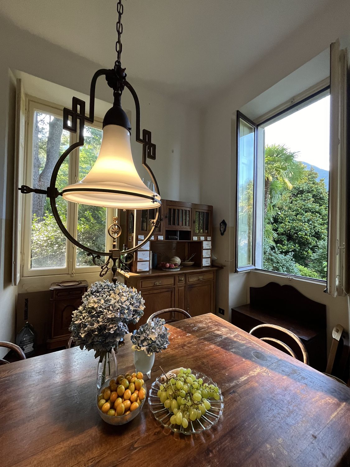 Fruit and hydrangeas on the kitchen table under an antique lamp